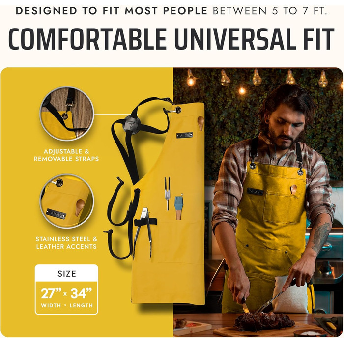 Фартух Asaya для жінок та чоловіків + рушник та відкривачка для пляшок – 284 мл, канвас, жовтий