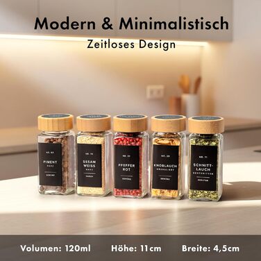 Набір бамбукових скляних баночок для спецій (24 x 120 мл) з ситечком та 240 етикетками. Організатор для спецій, контейнери для спецій, баночки для спецій. Розміри: 11x4,5 см