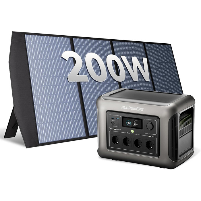 Портативна електростанція ALLPOWERS R1500 LITE: 1056Wh, LiFePO4, 4x 1600W AC, сонячна панель, зарядка за 40 хв, резервне живлення для кемпінгу, RV, невідключеності