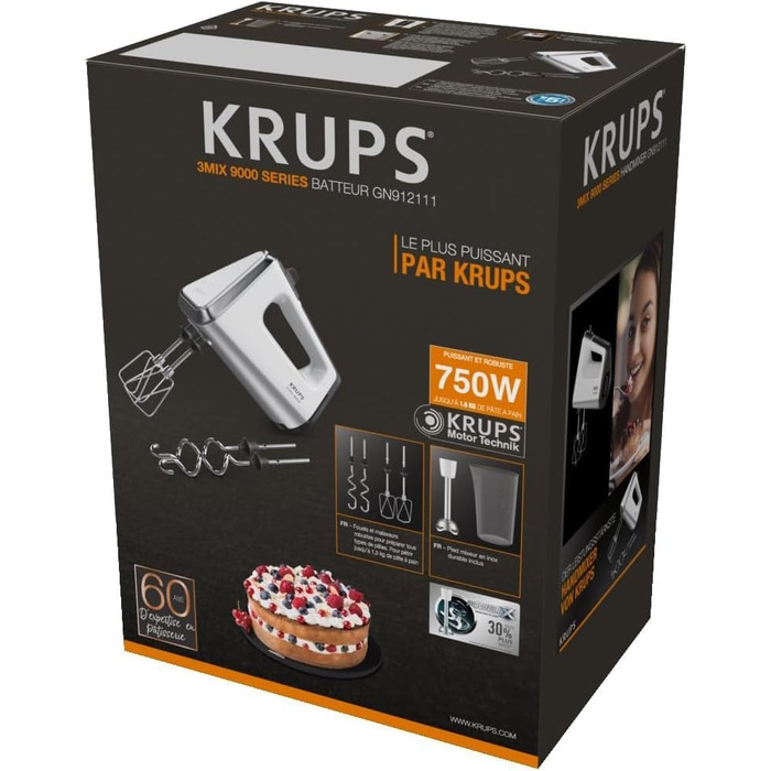 Міксер ручний Krups 3 Mix 9000, 750 Вт, білий/сріблястий (GN9121) - з насадками для збивання, тіста та пюре