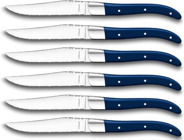 Набір ножів для стейка Laguiole, 6 предметів, зубчастий край, дерев'яна ручка з 3 заклепками, професійний набір стейків, столові прибори для стейків, у благородному дерев'яному футлярі, сталь з лезом 13/0, темно-синій