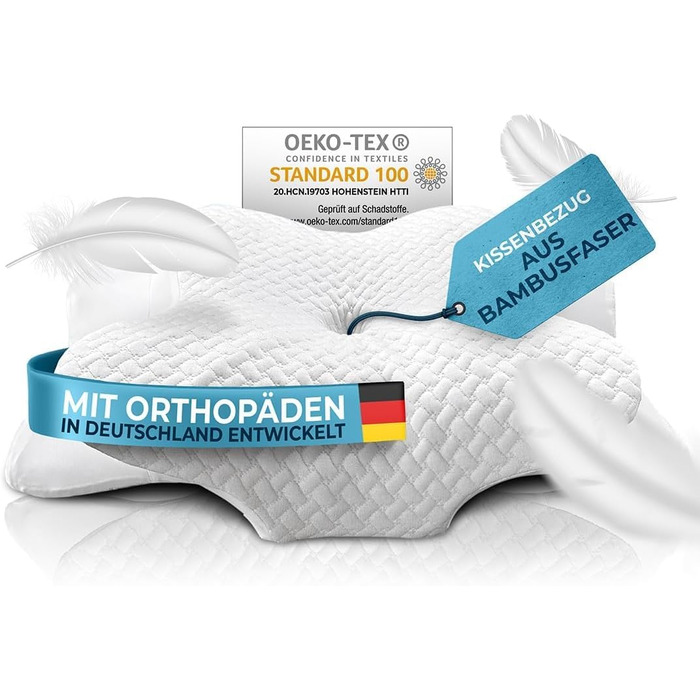 Ортопедична подушка Glückstoff® для всіх типів сну | Подушка для шиї з Memory Foam | Ергономічна подушка для сну на боці (біла, знімний чохол [Версія: Ergo])