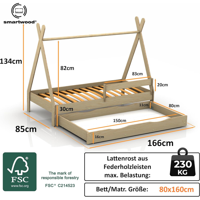 Дерев'яне ліжко-дитяча кімната Smartwood Hausbett Montessori Tipi F з сосни з сертифікатом FSC, захист від падіння, ламелі до 230 кг, для хлопчиків та дівчаток (80x160) з шухлядою
