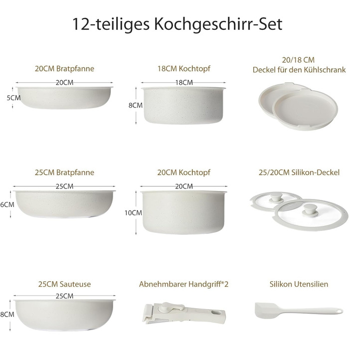 Набір посуду Sweetcrispy: 12 предметів (сковороди, каструлі) з антипригарним покриттям, для індукції та духовки, 20/26 см, 18/20 см, 26 см, знімні ручки, бежевий