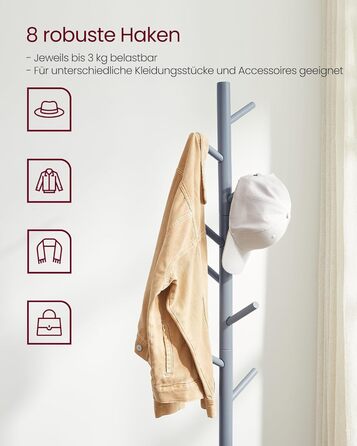 Дзеркало-вішалка для одягу VASAGLE з масиву дерева, сірого кольору, 8 гачків, 3 регульовані висоти, для вітальні, спальні, офісу