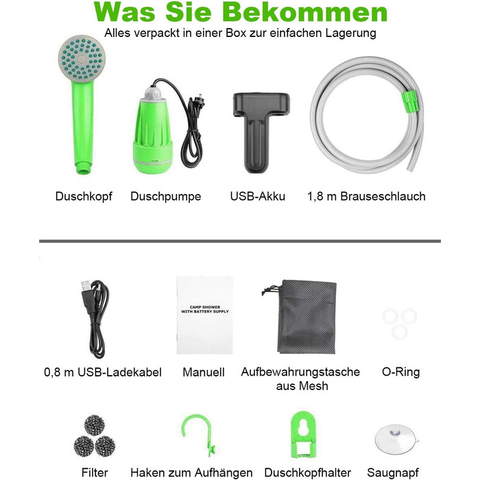 Кемпінговий душ, кемпінговий душ для зовнішнього та внутрішнього використання з акумуляторною батареєю/струминною головкою, душовий шланг 1,8 м Відкритий душ з насосом для садового пляжу Кемпінг Подорож Автомийка, зелений