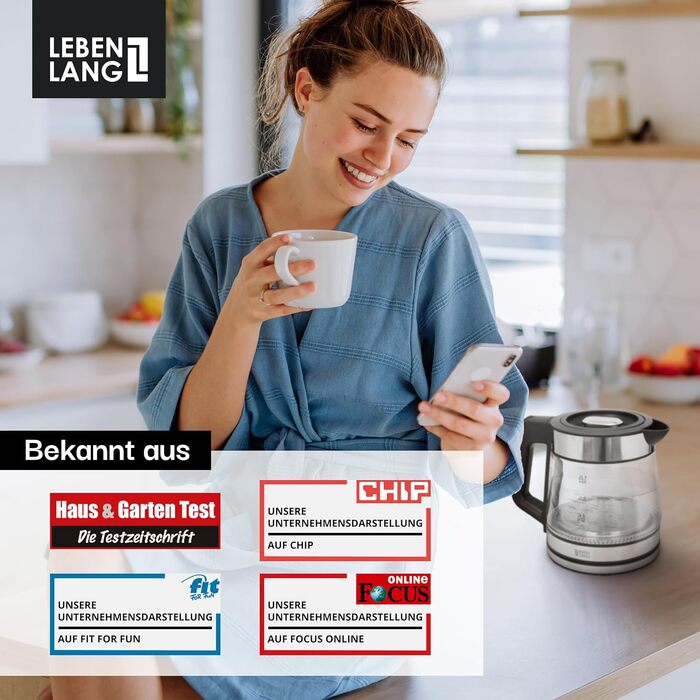 Скляний чайник LEBENLANG 1.2 л з LED-підсвіткою - нержавіюча сталь, без BPA | Чайник для подорожей, кемпінгу