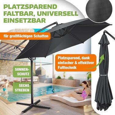 Парасолька від сонця KESSER Ø 350 см, підвісна модель з ручкою-курбою для балкона, тераси та саду, алюмінієвий стілець, UV-захист, водонепроникна та вітростійка, обертання 360° з чохлом