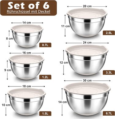 Набір мисок Herogo (6 шт.) з нержавіючої сталі з кришками, 6,7/3,3/2,5/1,5/1,2/0,7 л, для приготування їжі/випічки/зберігання, миюча посудомийна машина, кольору хакі