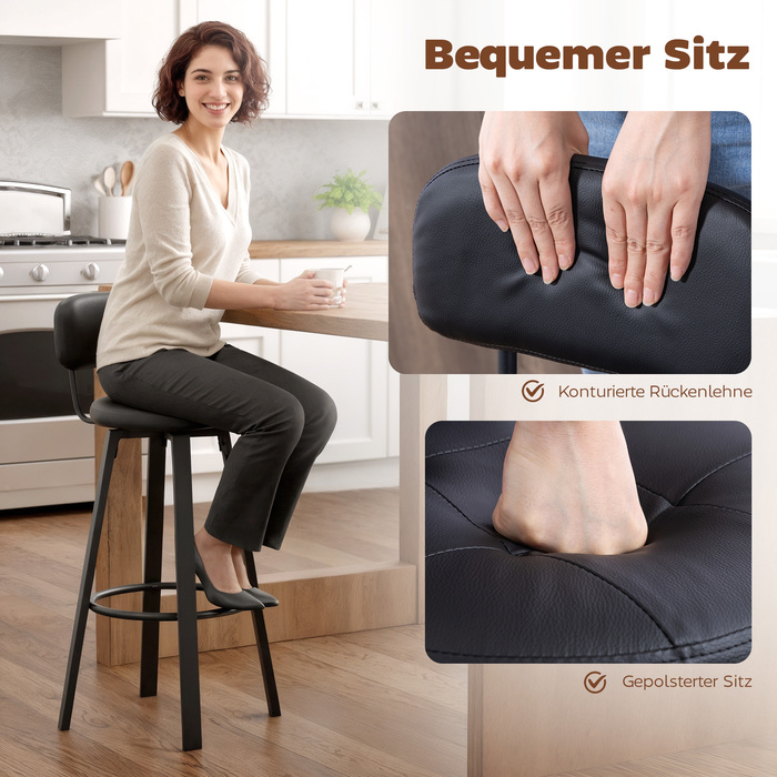 Набір з 2 барних стільців, оббивка з штучної шкіри, м'яке сидіння, підніжка, спинка, металевий каркас, чорний