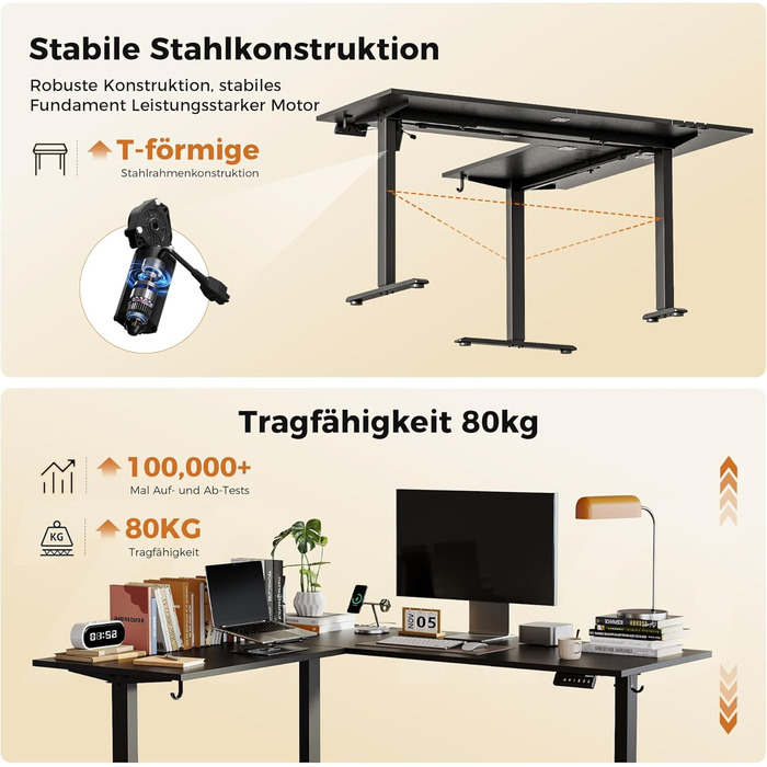 Регульований кутовий стіл Agilestic 160x140 см, електричний, чорний. Ергономічний стіл для роботи та дому