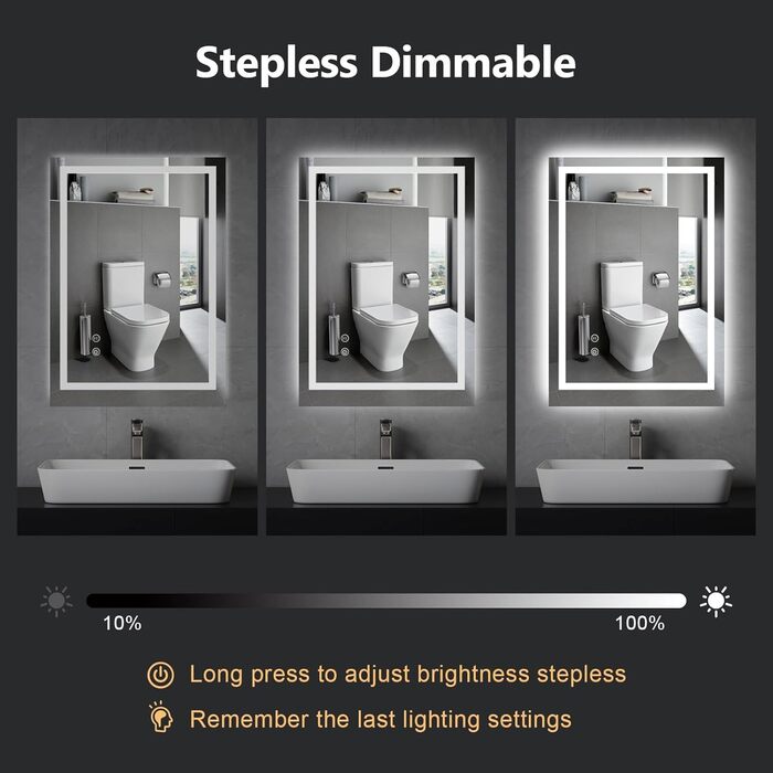 Дзеркало для ванної кімнати Youyijia з підсвічуванням, 70x50 см, антизапарник, сенсорний вимикач, 3 кольори світла, регулювання яскравості