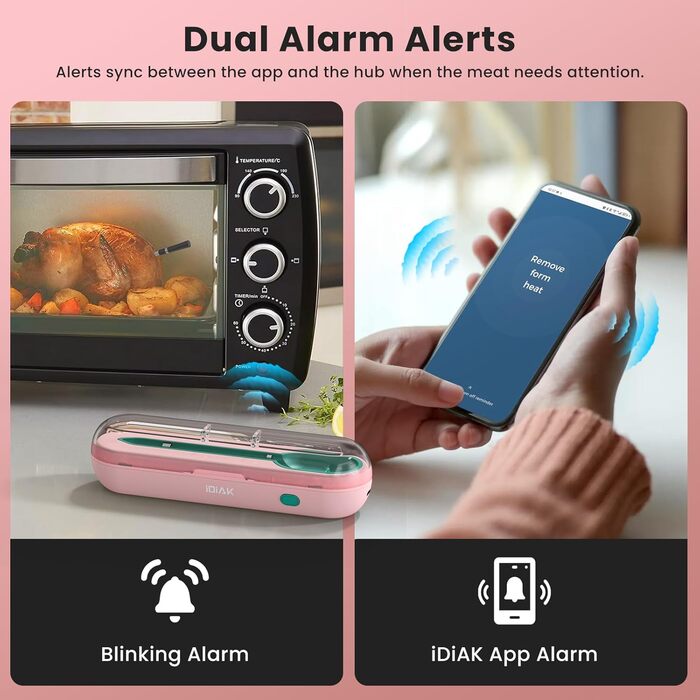 Бездротовий термометр для м'яса для гриля та копчення, 500FT, розумний датчик температури для BBQ, духовки, гриля, коптильні, Sous Vide (рожевий)