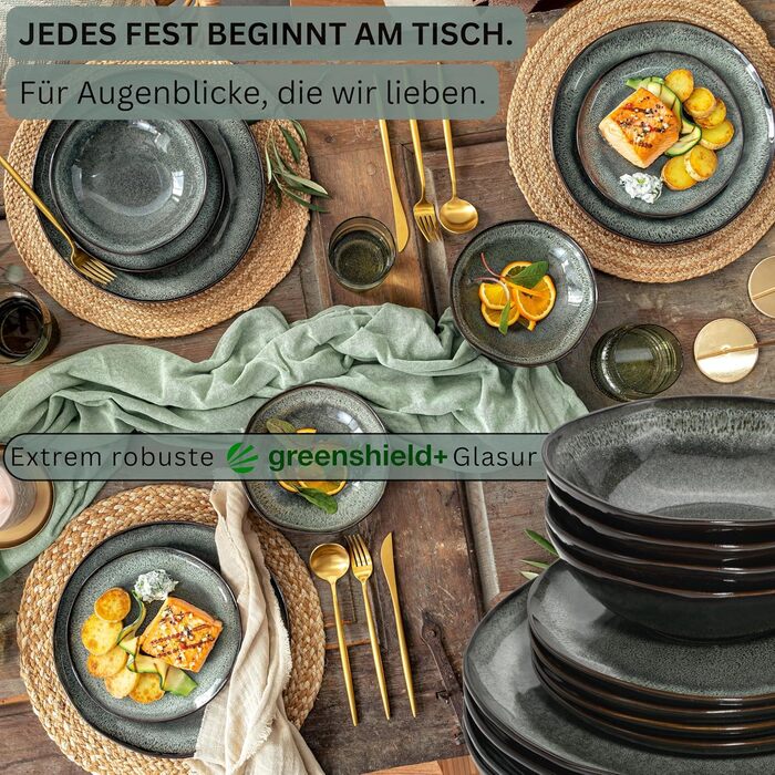 Набір посуду SÄNGER Teller Set Kopenhagen 24 елементи, 8 осіб, керамічний сервіз (тарілки для вечері, сніданку, супу), зелений/сірий, PREMIUM COLLECTION