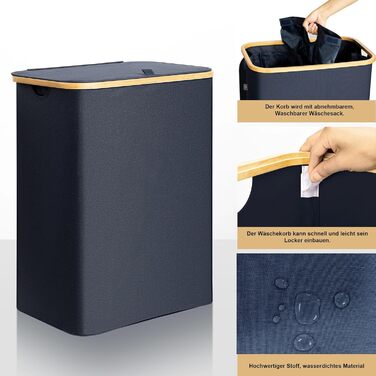 Кошик для білизни AdelDream 160L з кришкою, 3 відділення, колір Navy Blue