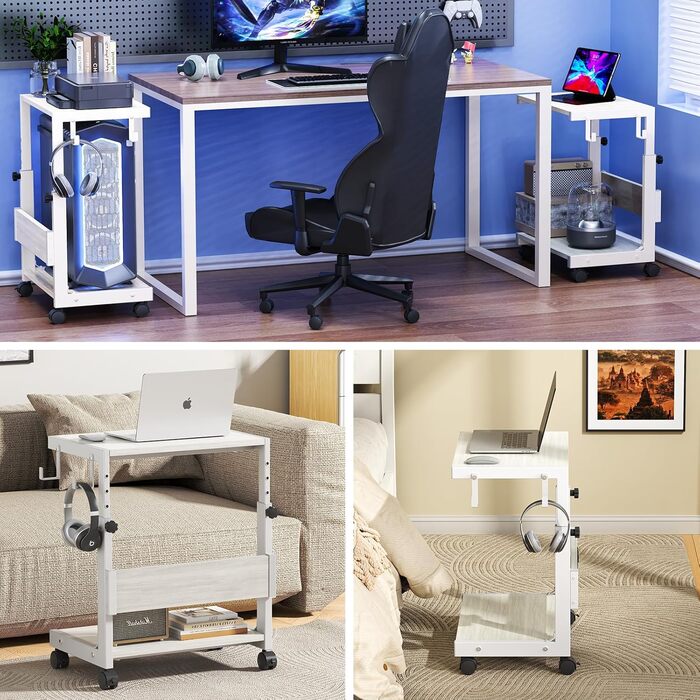 Регульована підставка для комп'ютерного блоку з 2 полицями та місцем для зберігання – для корпусів ATX, принтерів, з фіксуючими колесами (білий, W44 x D30 x H44-59.5см)