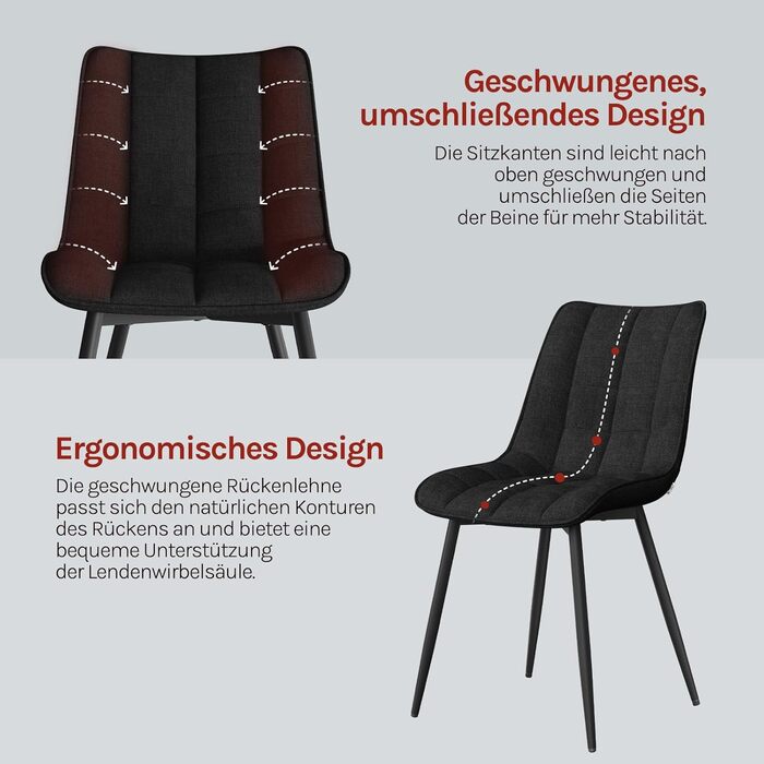 Набір з 2-х кухонних стільців WOLTU для вітальні, кухні, їдальні, чорного кольору, з м'якою спинкою та сидінням з льону, металеві ніжки, до 150 кг