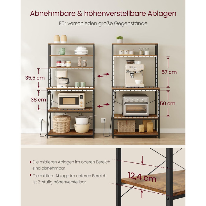Стелаж кухонний VASAGLE з розетками, 6 полиць, гачки, сталевий каркас, 40 x 80 x 167 см, вінтажний коричневий + чорний, KKS119K06 80B cm