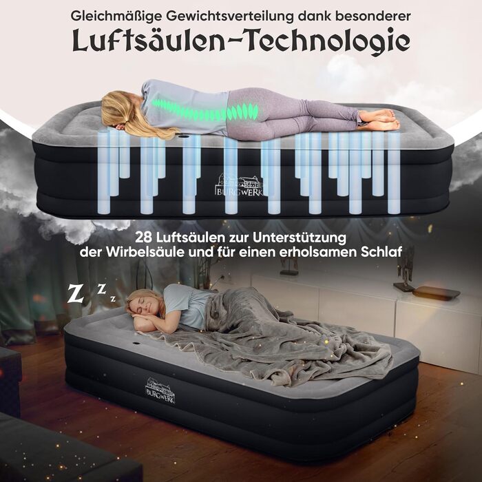 Надувне ліжко 3-в-1 | Гостьове та кемпінгове ліжко | Надувна матрац з електропомпою 150x200 | Самостійно надувна ліжко (1 особа, Чорний/Антрацит)