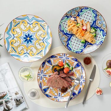 Кераміка для обідньої тарілки Vancasso, плоска тарілка Bella з 4 предметів, набір тарілок для посуду Тарілка для сніданку Обідня тарілка, стиль Марокко, ручний розпис (обідня тарілка з 8 предметів, жасмин)