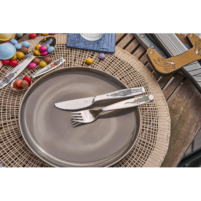 Набір дитячого посуду ZWILLING Ritter Eckbert (4 шт.), з зображеннями лицарів, для дітей від 3 років, нержавіюча сталь 18/10, сріблястий, без пластикової упаковки