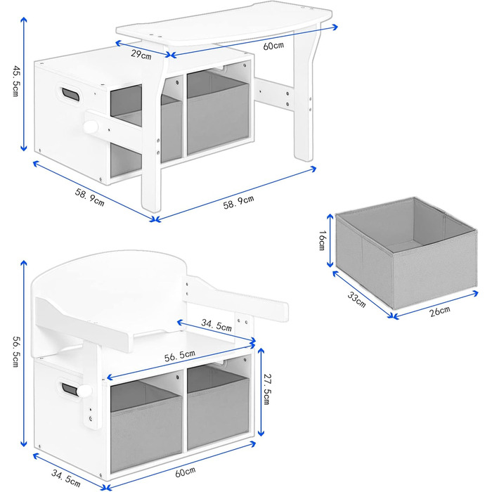 Дитячий стіл з лавкою, дитячі меблі 2 в 1, Комод з місцем для зберігання, Білий Сірий
