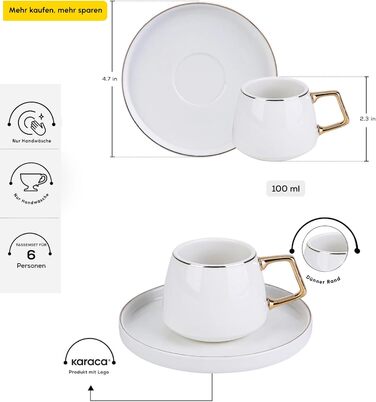 Кавовий сервіс Karaca Saturn Gold: 12 елементів (6 еспресо та 6 мокат) з порцеляни, біле золото, для 6 осіб
