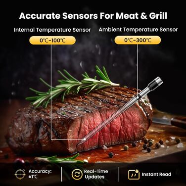 Бездротовий термометр для м'яса з Bluetooth, дальність до 240м, керування через додаток, до 24 години роботи, IP67, стійкий до миття в посудомийній машині та олії - для гриля, коптильні, ротатерія, духовки, фритюрниці