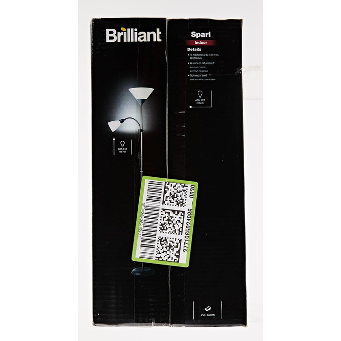 Стельовий омийник Brilliant Spari 1,8 м, чорний/білий, підходить для LED, лампа для читання з вимикачем шнура