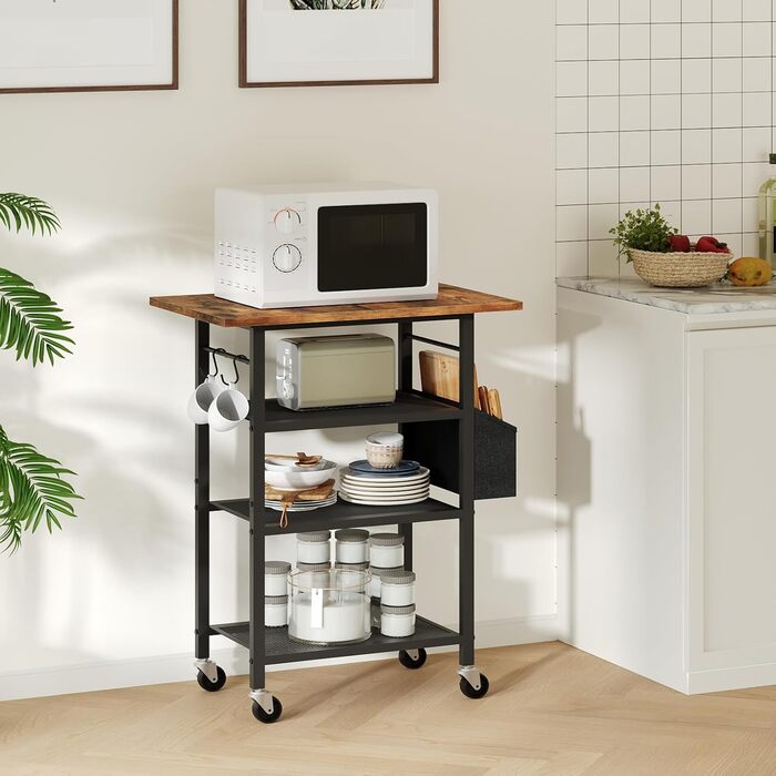 Трирівневий стіл для принтера, роликовий контейнер, стійка для принтера, полиця для зберігання, в індустріальному стилі, з бічною кишенею, дерев'яна полиця, 2 S-гачки, для домашнього офісу, рустикально-коричневий та чорний, APTHR2501 (50 x 40 x 81,5 см)