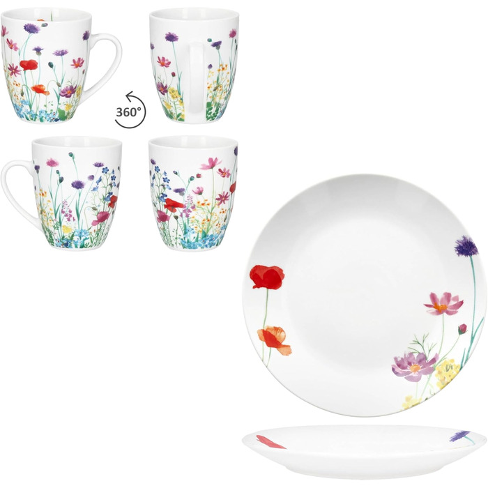 Набір посуду MamboCat Marie (12 предметів) для 6 осіб | Фарфоровий посуд з квітковим декором | 6 тарілок та 6 чашок 320 мл | Для сніданку та кави