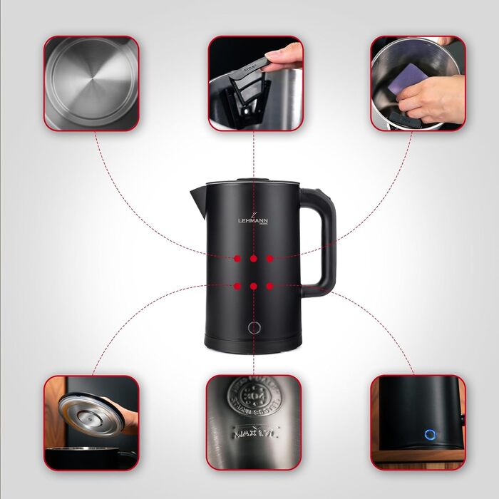 Електричний чайник Lehmann Edelstahl 1.7L, 2200W, чорний: швидкий нагрів, подвійні стінки, захист від перегріву, BPA-free, для дитячого харчування, чаю та кави