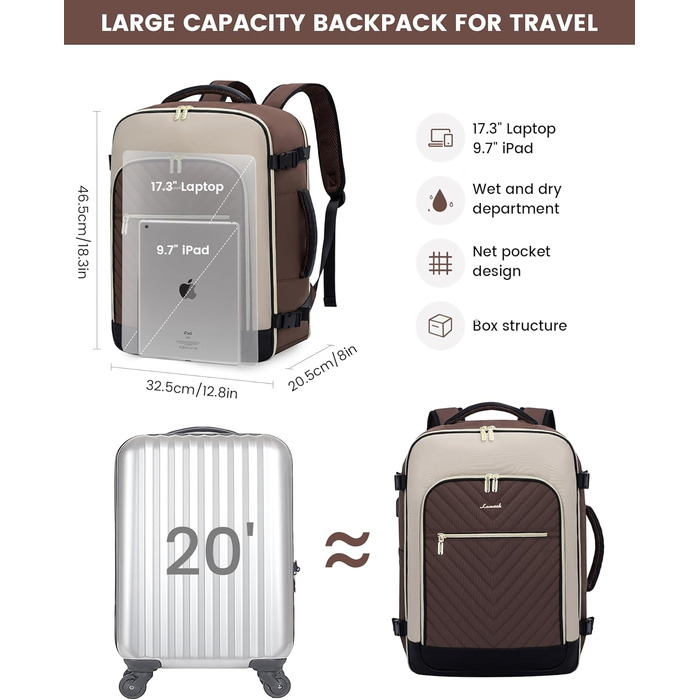 LOVEVOOK Рюкзак для ручної поклажі 40L, жіночий, для подорожей, великий, сумка-рюкзак для ручної поклажі в літак, для ноутбука, водонепроникний, рюкзак для подорожей, з косметичкою, сумка Weekender для подорожей, ділових поїздок (17.3 дюймів, Коричневий, 