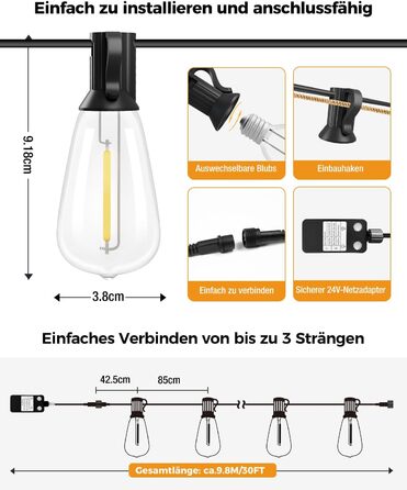 LED гірлянда для декорування приміщень та саду, 15 метрів, диммування, таймер, тепле світло, G40, вологостійка