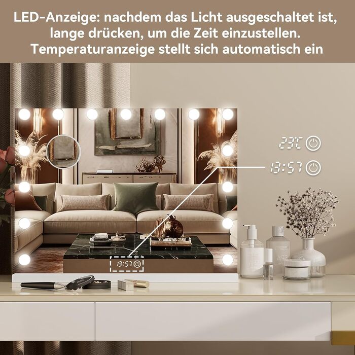 Дзеркало для макіяжу YU YUSING з підсвічуванням 58x45 см, 15 LED, 3 кольори, 10x збільшення, USB Type-C, для ванної кімнати та туалетного столика