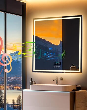 Дзеркало для ванної кімнати LUVODI LED з підсвічуванням, 40x50 см, водонепроникне, сенсорне управління, 3 колірні температури, регулювання яскравості, антизапарник, Bluetooth, заднє та переднє освітлення