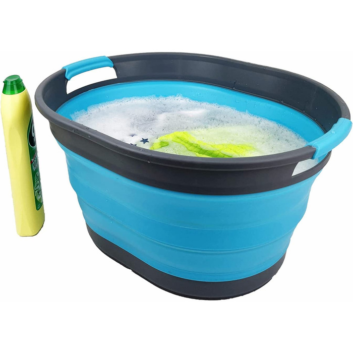 Складна Пластикова корзина для білизни SAMMART об'ємом 23 л, овальна ванна / кошик-складаний контейнер для зберігання / органайзер-переносна раковина для прання-компактна корзина для білизни (1, Сірий / Морський синій)