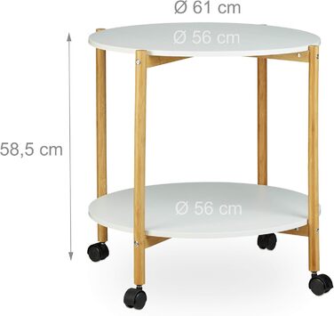 Журнальний столик Relaxdays з колесами, круглий журнальний столик, 2 яруси, мобільний, білий, 6658.5 см