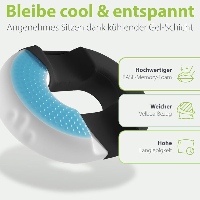 Ортопедичний сидіння кільце Feela® [3 ступені жорсткості] – подушка для геморою з отвором – після операції та пологів – сидіння для полегшення болю в куприку, подушка для геморою, сидіння-пончик – знімає біль (Medium) Чорний, Medium / Mittel (60-80 кг)