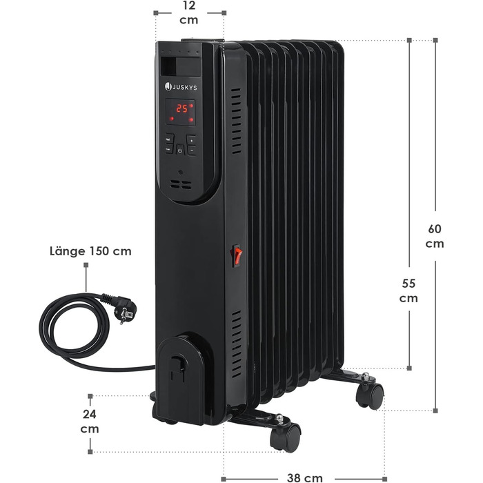 Масляний радіатор електричного обігрівача Juskys - електричний обігрівач з 3 рівнями, термостатом, таймером на 12 годин і захистом від перегріву - радіатор чорний (2000 Вт)