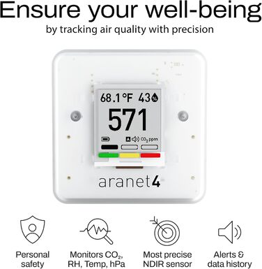 Aranet4 Home: Бездротовий датчик якості повітря для дому, офісу або школи (CO2, температура, вологість)