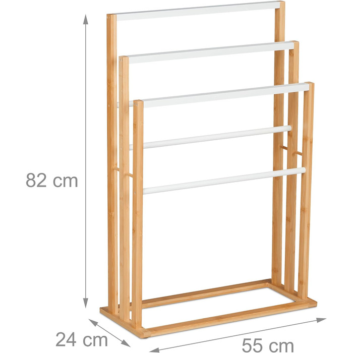 Вішалка для рушників Relaxdays, 6 стовпів, бамбук, 82x55x24 см, окремо стояча, душова рушникосушка для ванної кімнати, натуральна/біла