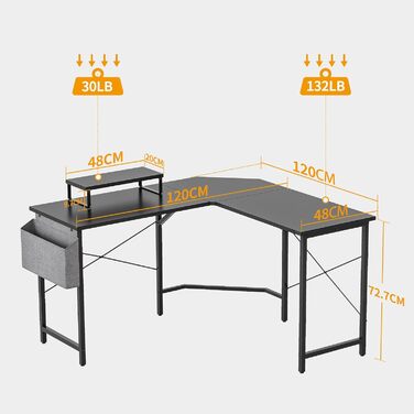 Ігровий стіл CubiCubi L-подібної форми 170x120см з підставкою для монітора та сумкою для зберігання, чорний