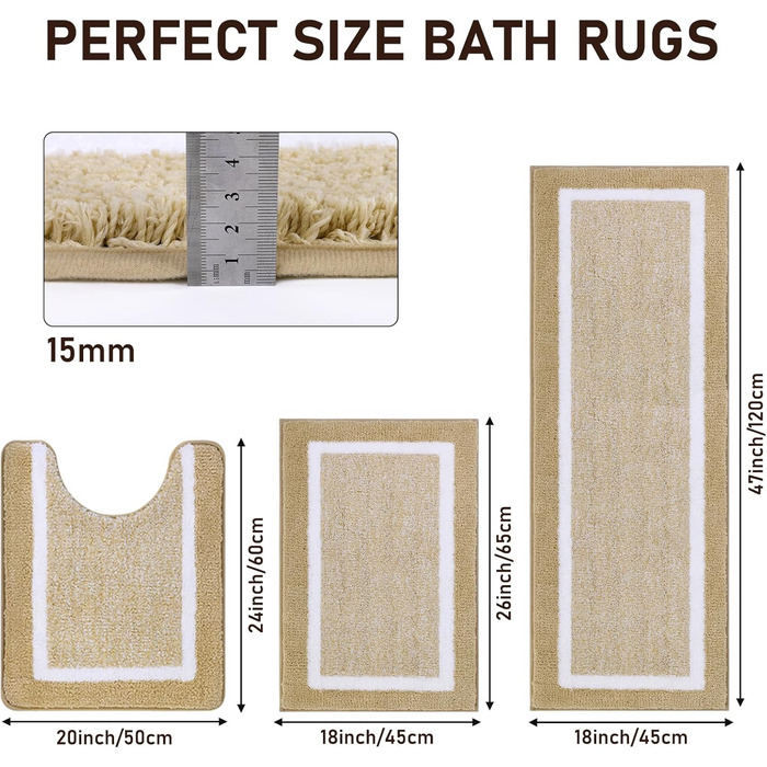 Набір килимків для ванної кімнати Pauwer: м'який килимок з високим ворсом, килимок для душу, килимок для туалету, машинне прання, антиковзаючі, (бежевий, 45 x 65 + 45 x 120 + 50 x 60 см)