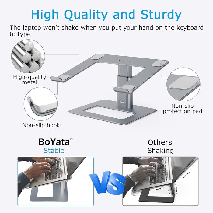 Підставка для ноутбука BoYata: регульована висота, алюміній, для MacBook, Dell, HP, Samsung, Acer, ASUS, Chromebook (сіра)