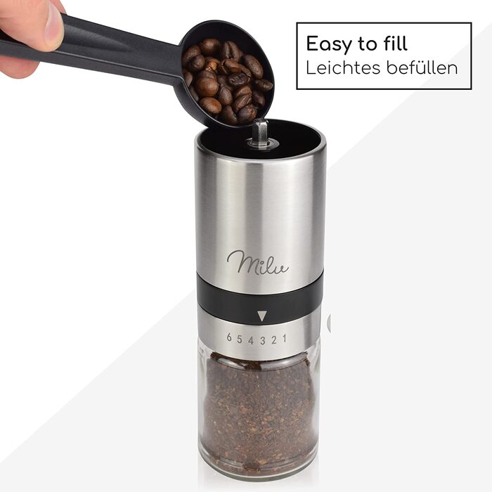 Ручна кавомолка Milu Manuelle – кавомолка для еспресо з керамічним жорном, 6 ступенів помелу, з ложкою та щіткою (срібна)
