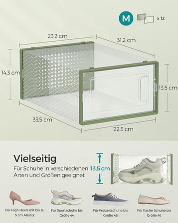 Коробки для взуття SONGMICS, набір з 12 шт. , органайзер для взуття з пластику, складний і штабельований, для взуття до 46 розміру, прозоро-білий LSP12MWT (12 шт. (31,2 х 22,5 х 13,5 см), прозорий лавровий зелений)