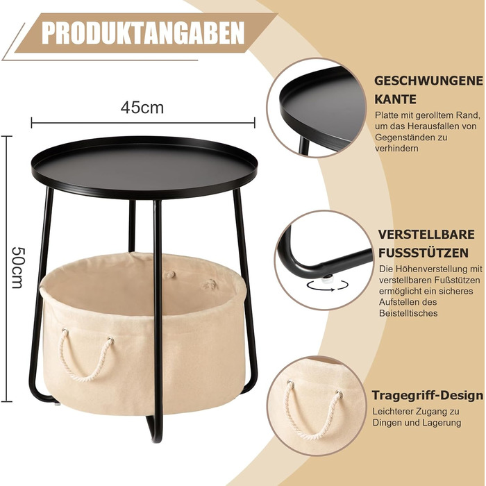 Круглий металевий журнальний столик Danpinera з тканинним кошиком для зберігання для дитячої кімнати, вітальні, чорний