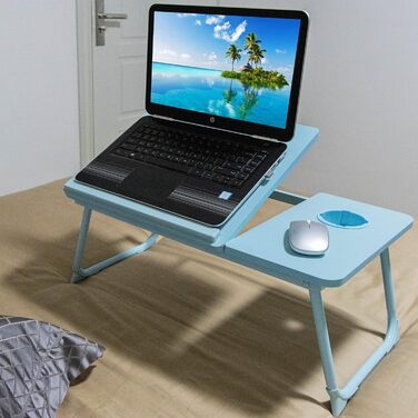 Стіл для ноутбука на ліжко з регульованими ніжками та тримачем для чашки, підставка для читання, стіл для сніданку на диван, ліжко, терасу, балкон (Білий, Синій)