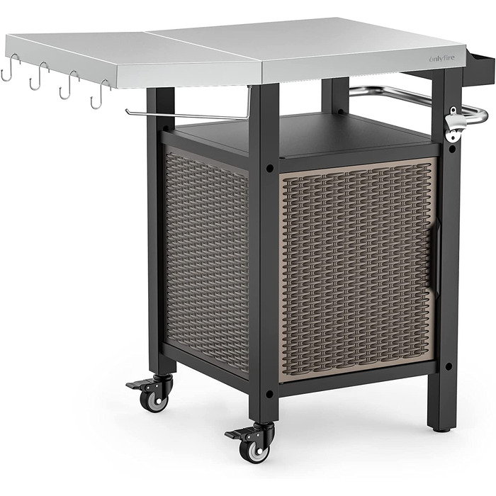 Столик для гриля Onlyfire, візок для барбекю з великою робочою поверхнею, з відкидними бічними полицями, з нержавіючої сталі, 143.5 x 56 x 91 см, двостулковий